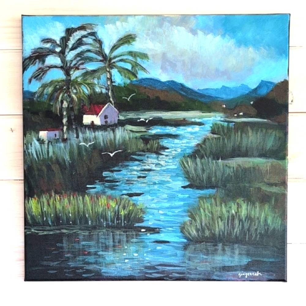 Landscape Art Tropical Marsh, New Original Acrylic Painting Artist Signed Canvas